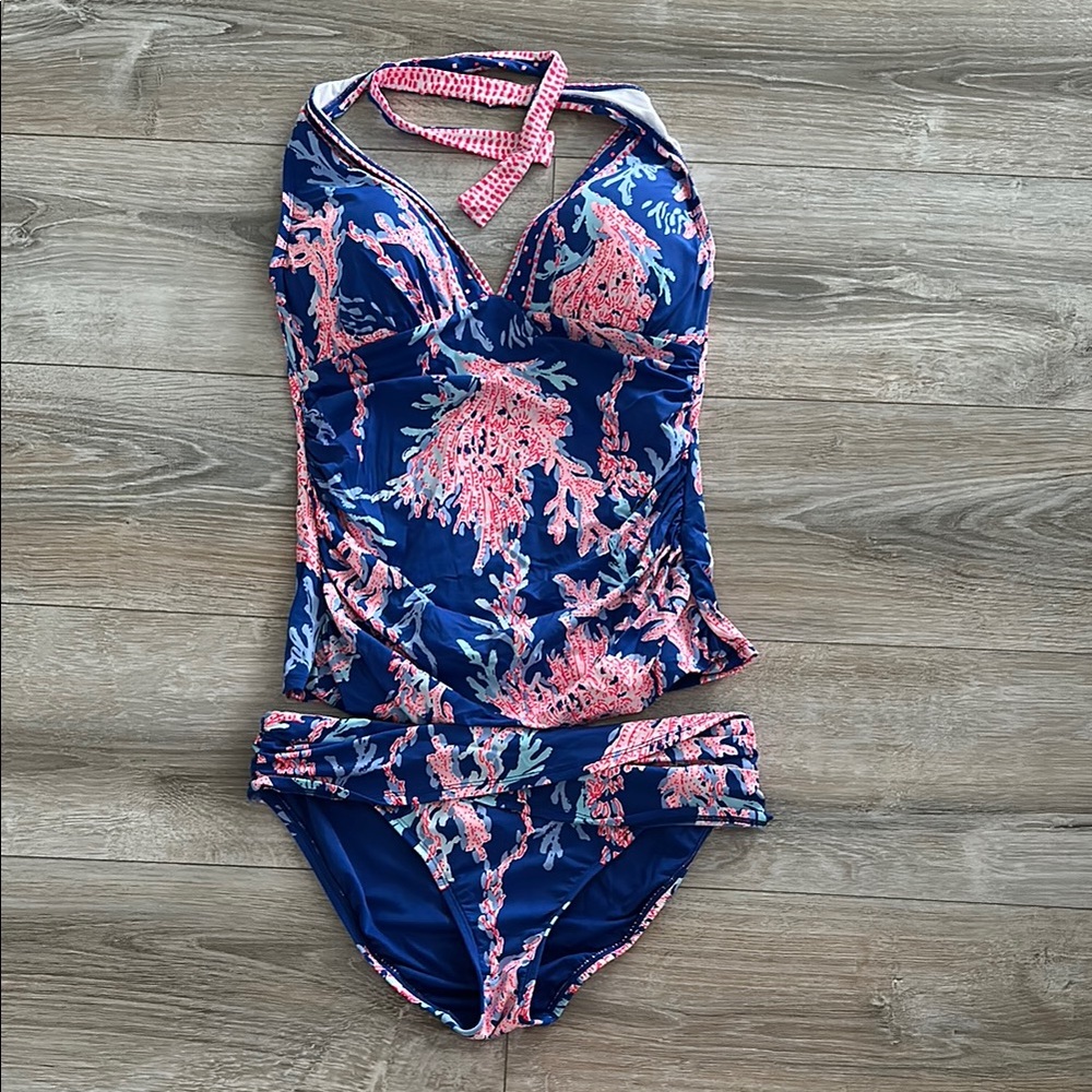 Floral Halter Swimsuit in Blue and Pink